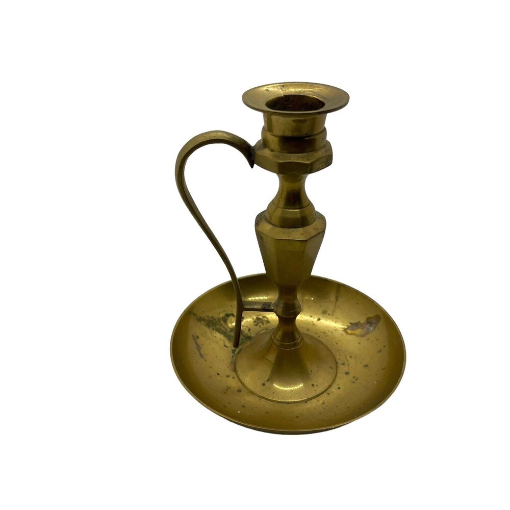 Brass Candle Stick Chamberstick Vintage Retro MCM Handle Base Uncleaned Decor